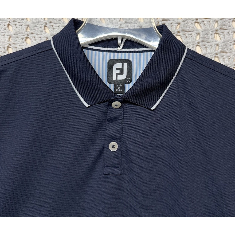 FootJoy FJ Performance Golf Polo Shirt Mens L Navy Blue White Striped Short Slv - Picture 2 of 9